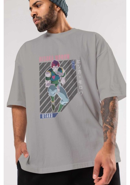 Hisoka Morow 2 2 Anime Ön Baskılı Gri Oversize T-Shirt %100 Pamuk Erkek Kadın modelleri