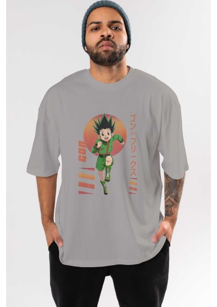 Gon Freecss Hunter x Hunter 2 Anime Ön Baskılı Gri Oversize T-Shirt %100 Pamuk Erkek Kadın