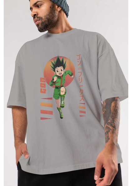 Gon Freecss Hunter x Hunter 2 Anime Ön Baskılı Gri Oversize T-Shirt %100 Pamuk Erkek Kadın modelleri
