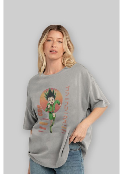 Gon Freecss Hunter x Hunter 2 Anime Ön Baskılı Gri Oversize T-Shirt %100 Pamuk Erkek Kadın fırsatları