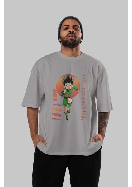 Gon Freecss Hunter x Hunter 2 Anime Ön Baskılı Gri Oversize T-Shirt %100 Pamuk Erkek Kadın indirimleri