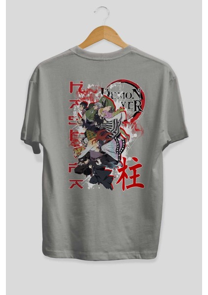 Demon Slayer Slayers Anime Arka Baskılı Gri Oversize T-Shirt %100 Pamuk Erkek Kadın fiyatları