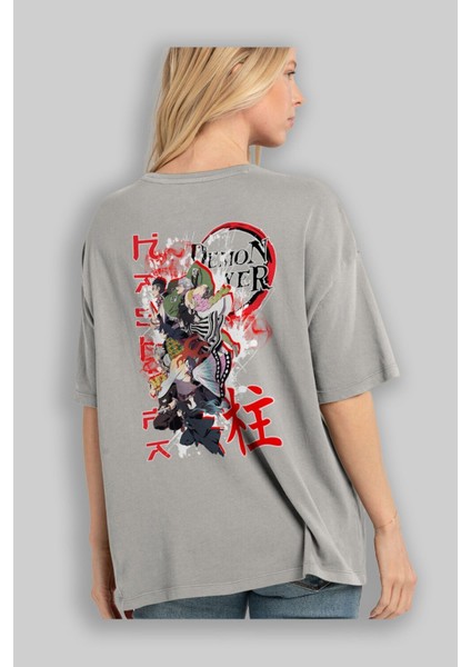 Demon Slayer Slayers Anime Arka Baskılı Gri Oversize T-Shirt %100 Pamuk Erkek Kadın modelleri
