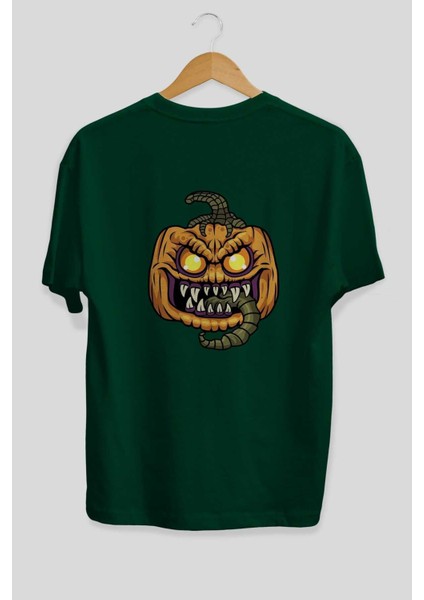 Halloween Arka Baskılı Zümrüt Yeşili Oversize T-Shirt Unisex Erkek Kadın Bisiklet Yaka fiyatları