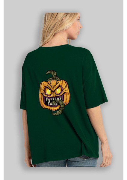 Halloween Arka Baskılı Zümrüt Yeşili Oversize T-Shirt Unisex Erkek Kadın Bisiklet Yaka fırsatları