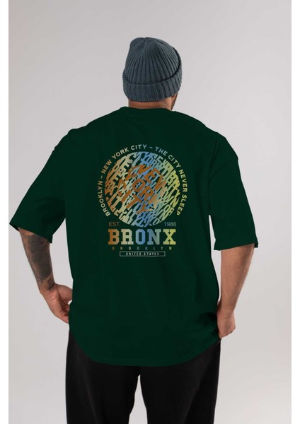 Brooklyn And New York Arka Baskılı Zümrüt Yeşili Oversize T-Shirt Unisex Erkek Kadın Bisiklet Yaka