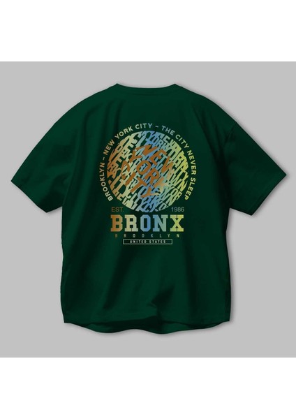 Brooklyn And New York Arka Baskılı Zümrüt Yeşili Oversize T-Shirt Unisex Erkek Kadın Bisiklet Yaka modelleri