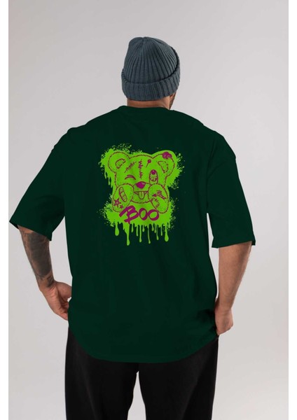 Boo Bear Arka Baskılı Zümrüt Yeşili Oversize T-Shirt Unisex Erkek Kadın Bisiklet Yaka