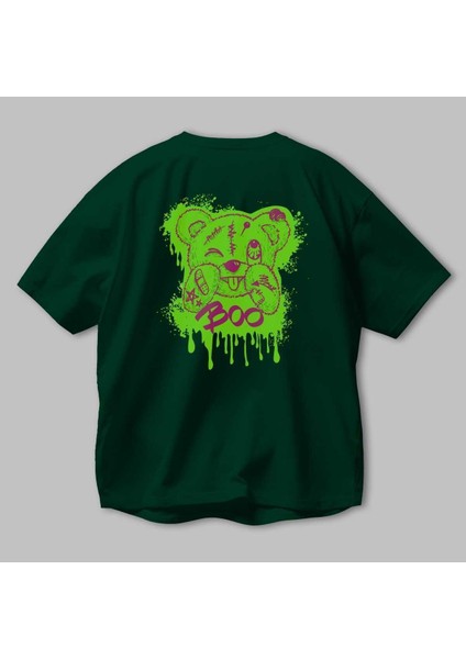 Boo Bear Arka Baskılı Zümrüt Yeşili Oversize T-Shirt Unisex Erkek Kadın Bisiklet Yaka modelleri