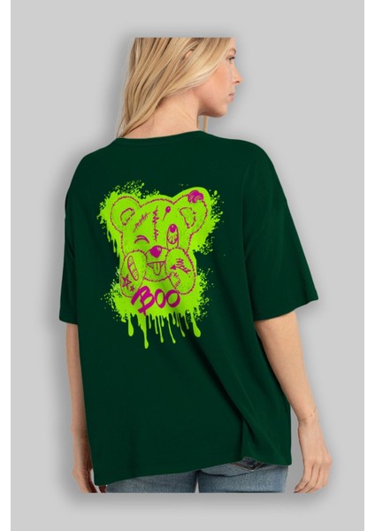 Boo Bear Arka Baskılı Zümrüt Yeşili Oversize T-Shirt Unisex Erkek Kadın Bisiklet Yaka fırsatları