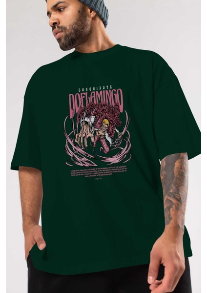 Doflamingo Anime Ön Baskılı Zümrüt Yeşili Oversize T-Shirt Erkek Kadın modelleri