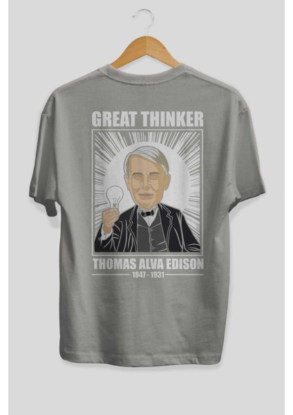 Thomas Alfa Edison Arka Baskılı Gri Oversize T-Shirt Unisex Erkek Kadın Bisiklet Yaka fiyatları
