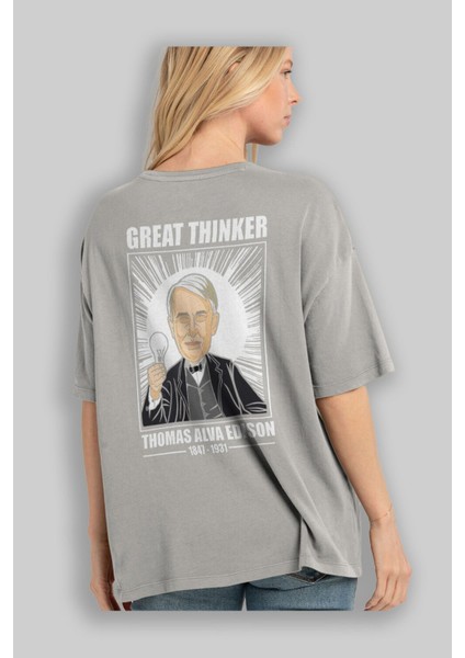 Thomas Alfa Edison Arka Baskılı Gri Oversize T-Shirt Unisex Erkek Kadın Bisiklet Yaka modelleri