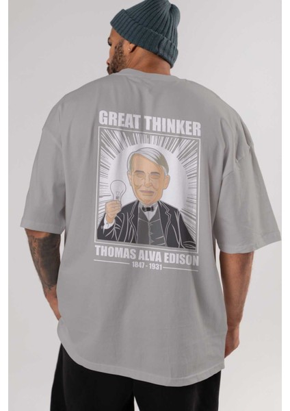 Thomas Alfa Edison Arka Baskılı Gri Oversize T-Shirt Unisex Erkek Kadın Bisiklet Yaka indirimleri
