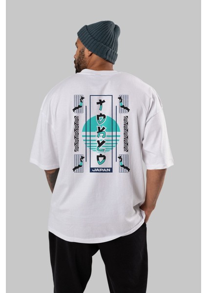 Tokyo Japan Arka Baskılı Beyaz Oversize T-Shirt Erkek Kadın Bisiklet Yaka