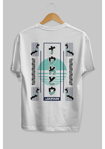 Tokyo Japan Arka Baskılı Beyaz Oversize T-Shirt Erkek Kadın Bisiklet Yaka fiyatları