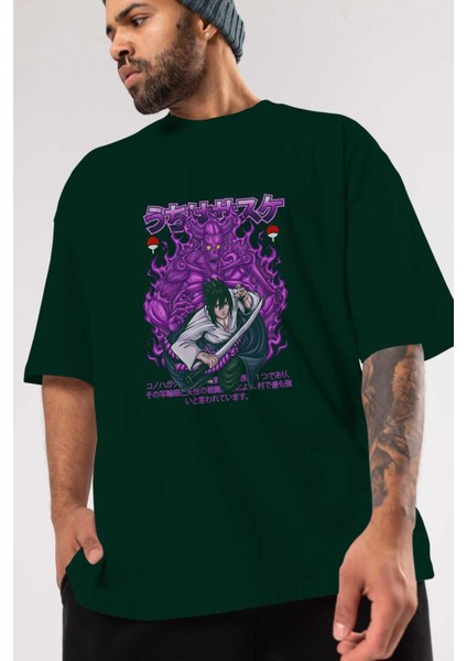 Sasuke Uchıha Naruto Anime Ön Baskılı Zümrüt Yeşili Oversize T-Shirt Erkek Kadın modelleri