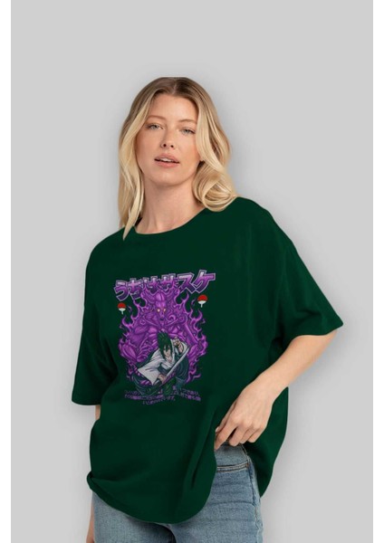 Sasuke Uchıha Naruto Anime Ön Baskılı Zümrüt Yeşili Oversize T-Shirt Erkek Kadın fırsatları