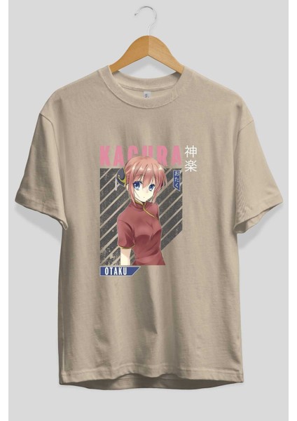 Kagura Gıntama Anime Ön Baskılı Bej Oversize T-Shirt Erkek Kadın fiyatları