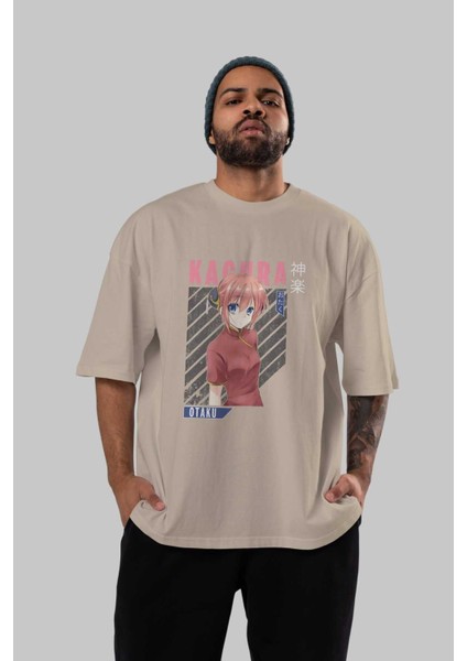 Kagura Gıntama Anime Ön Baskılı Bej Oversize T-Shirt Erkek Kadın fırsatları