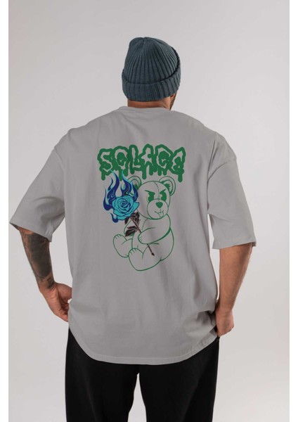 Solage Bear Arka Baskılı Gri Oversize T-Shirt Unisex Erkek Kadın Bisiklet Yaka