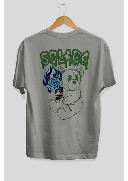 Solage Bear Arka Baskılı Gri Oversize T-Shirt Unisex Erkek Kadın Bisiklet Yaka fiyatları