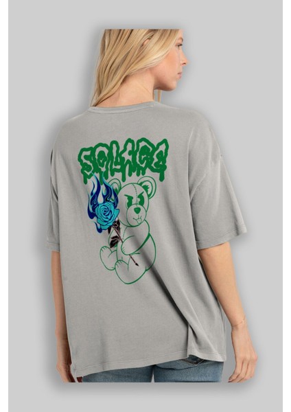 Solage Bear Arka Baskılı Gri Oversize T-Shirt Unisex Erkek Kadın Bisiklet Yaka modelleri