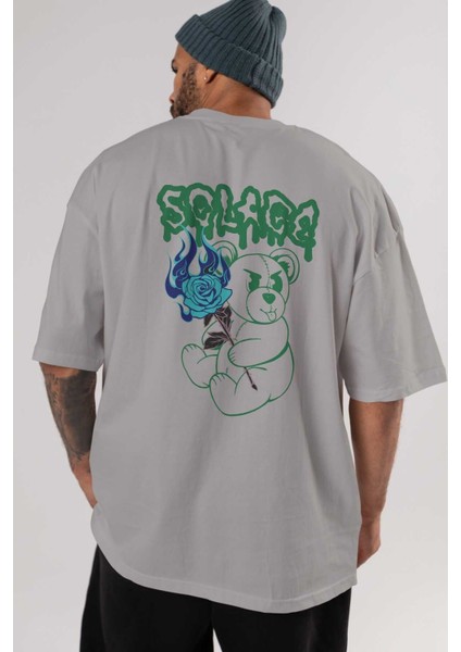 Solage Bear Arka Baskılı Gri Oversize T-Shirt Unisex Erkek Kadın Bisiklet Yaka indirimleri