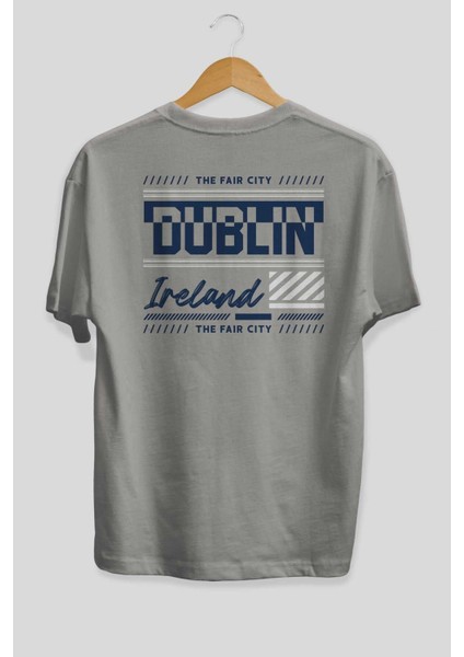 Dublin Arka Baskılı Gri Oversize T-Shirt Unisex Erkek Kadın Bisiklet Yaka fiyatları