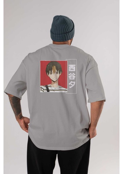 Yuu Nishinoya 1 Anime Arka Baskılı Gri Oversize T-Shirt %100 Pamuk Erkek Kadın