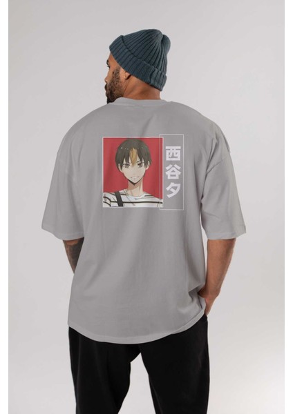 Yuu Nishinoya 1 Anime Arka Baskılı Gri Oversize T-Shirt %100 Pamuk Erkek Kadın fırsatları