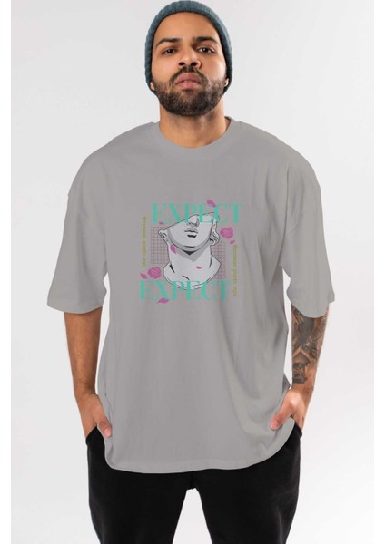 Expect Ön Baskılı Gri Oversize T-Shirt Unisex Erkek Kadın Bisiklet Yaka
