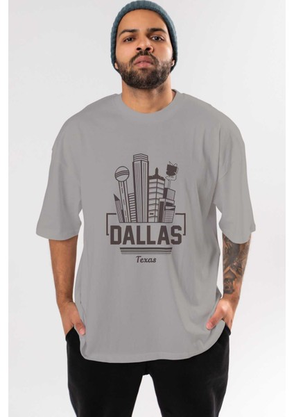 Dallas Ön Baskılı Gri Oversize T-Shirt Unisex Erkek Kadın Bisiklet Yaka
