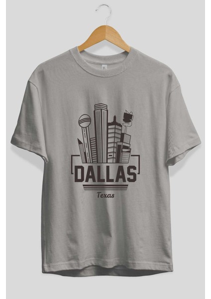 Dallas Ön Baskılı Gri Oversize T-Shirt Unisex Erkek Kadın Bisiklet Yaka fiyatları