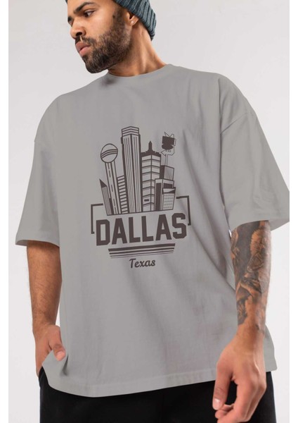Dallas Ön Baskılı Gri Oversize T-Shirt Unisex Erkek Kadın Bisiklet Yaka modelleri