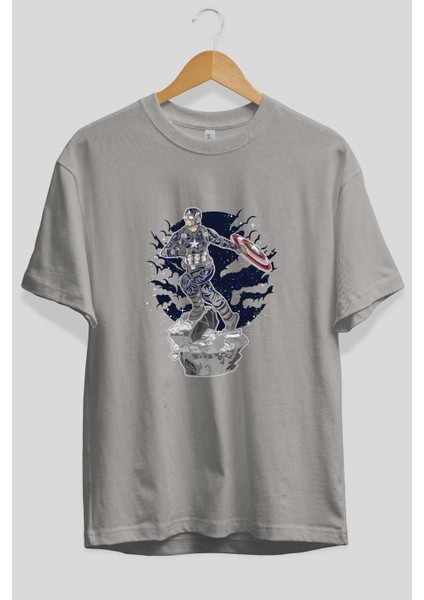 Captaın Amerıca Ön Baskılı Gri Oversize T-Shirt Unisex Erkek Kadın Bisiklet Yaka