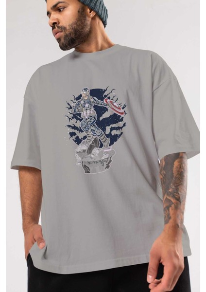 Captaın Amerıca Ön Baskılı Gri Oversize T-Shirt Unisex Erkek Kadın Bisiklet Yaka