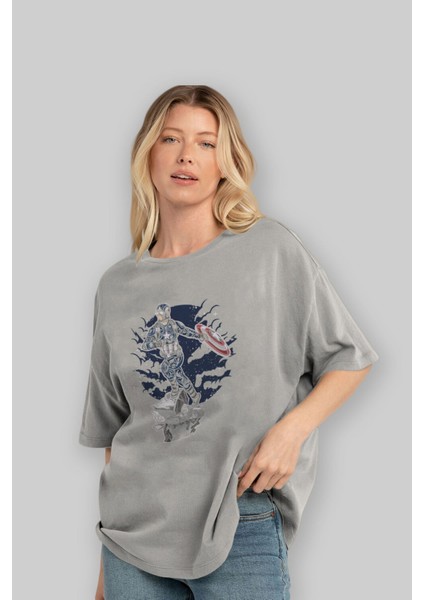 Captaın Amerıca Ön Baskılı Gri Oversize T-Shirt Unisex Erkek Kadın Bisiklet Yaka