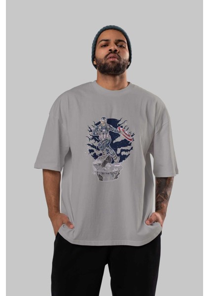 Captaın Amerıca Ön Baskılı Gri Oversize T-Shirt Unisex Erkek Kadın Bisiklet Yaka