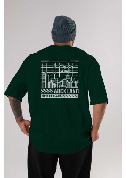 Auckland Arka Baskılı Zümrüt Yeşili Oversize T-Shirt Unisex Erkek Kadın Bisiklet Yaka