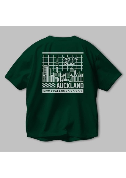 Auckland Arka Baskılı Zümrüt Yeşili Oversize T-Shirt Unisex Erkek Kadın Bisiklet Yaka modelleri
