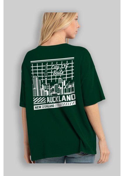 Auckland Arka Baskılı Zümrüt Yeşili Oversize T-Shirt Unisex Erkek Kadın Bisiklet Yaka fırsatları