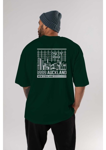 Auckland Arka Baskılı Zümrüt Yeşili Oversize T-Shirt Unisex Erkek Kadın Bisiklet Yaka indirimleri