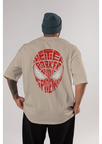 Spiderman Arka Baskılı Bej Oversize T-Shirt Erkek Kadın