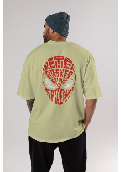 Spiderman Arka Baskılı Bej Oversize T-Shirt Erkek Kadın fırsatları