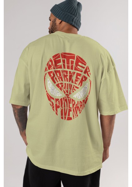 Spiderman Arka Baskılı Bej Oversize T-Shirt Erkek Kadın indirimleri