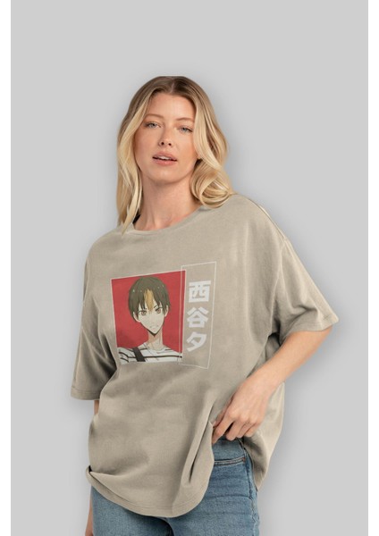 Yuu Nishinoya 1 Anime Ön Baskılı Bej Oversize T-Shirt Erkek Kadın modelleri