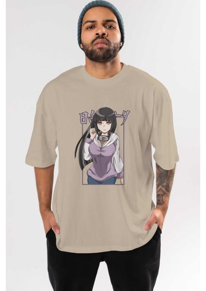 Hinata Naruto Anime Ön Baskılı Bej Oversize T-Shirt Erkek Kadın