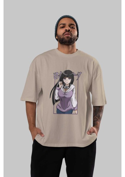 Hinata Naruto Anime Ön Baskılı Bej Oversize T-Shirt Erkek Kadın fırsatları