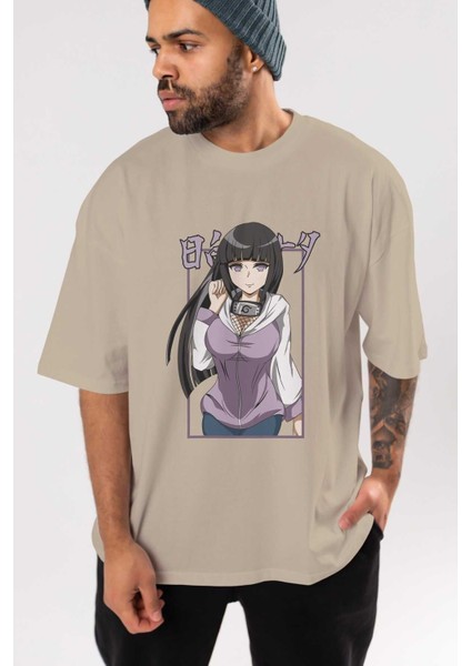 Hinata Naruto Anime Ön Baskılı Bej Oversize T-Shirt Erkek Kadın indirimleri